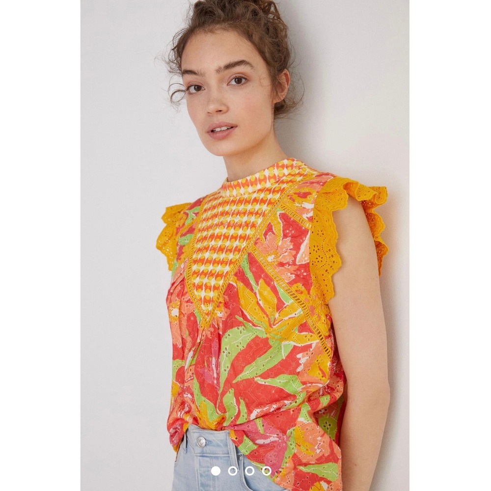 Anthropologie Floral Eyelet Top M Ruffle Blouse Colorful Verb by Pallavi Singhee